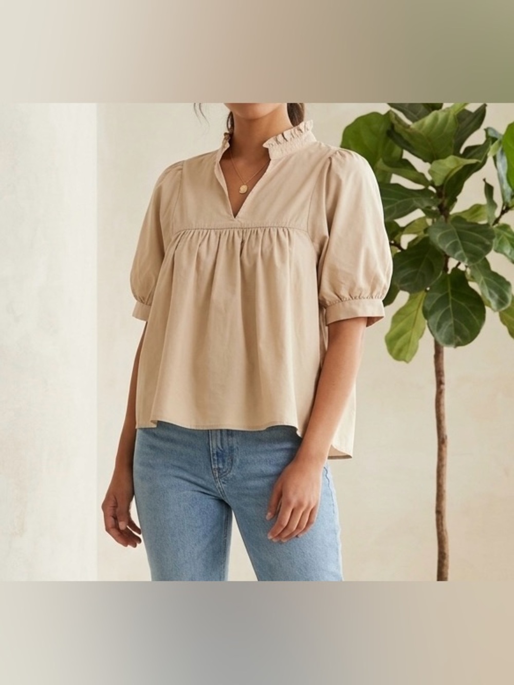 Cicy Bell Babydoll Peplum Blouse Puff Sleeve Cotton Beige Size M